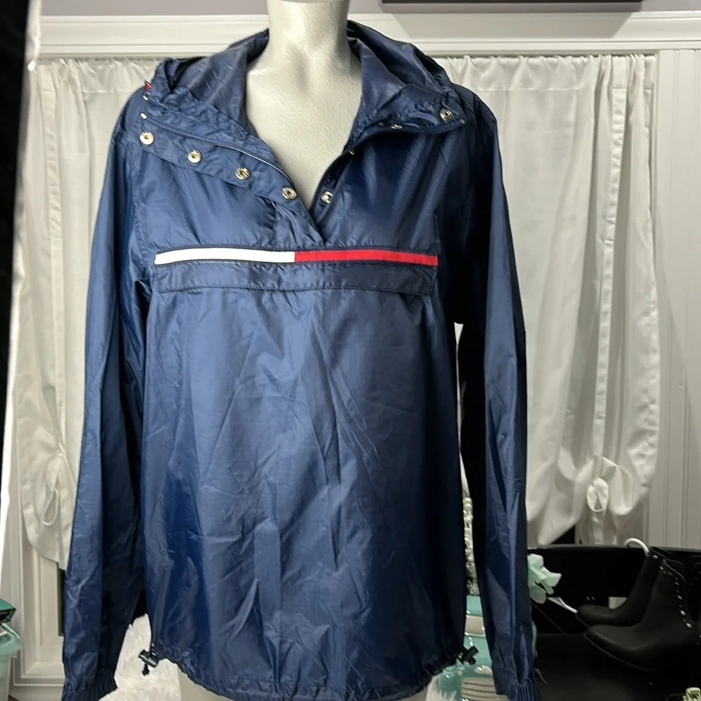 🔥 Tommy Hilfiger Vintage 90s Windbreaker Pullover Jacket Navy M 1/4 Zip Hoodie 🔥 - Picture 4 of 16